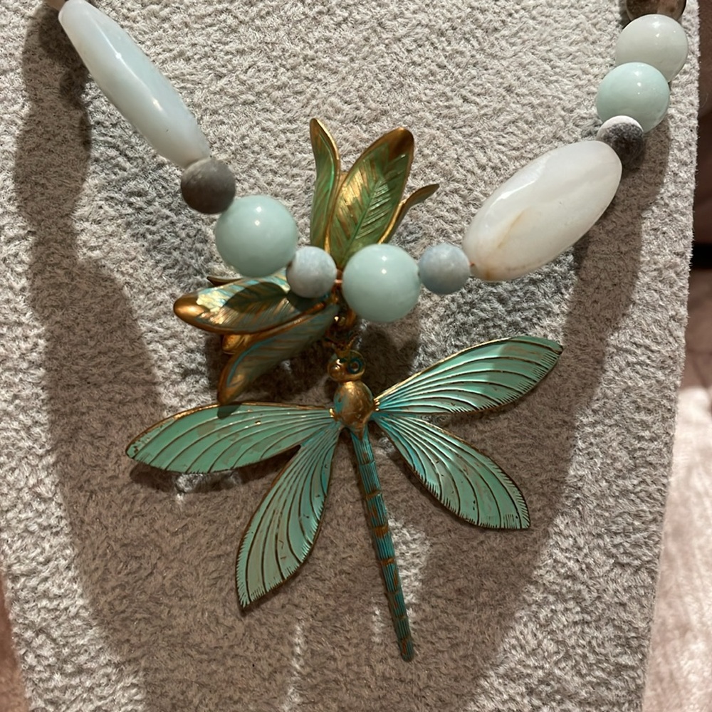 Green and Gold Dragonfly Pendant Necklace with Beaded Design Natural Gemstone